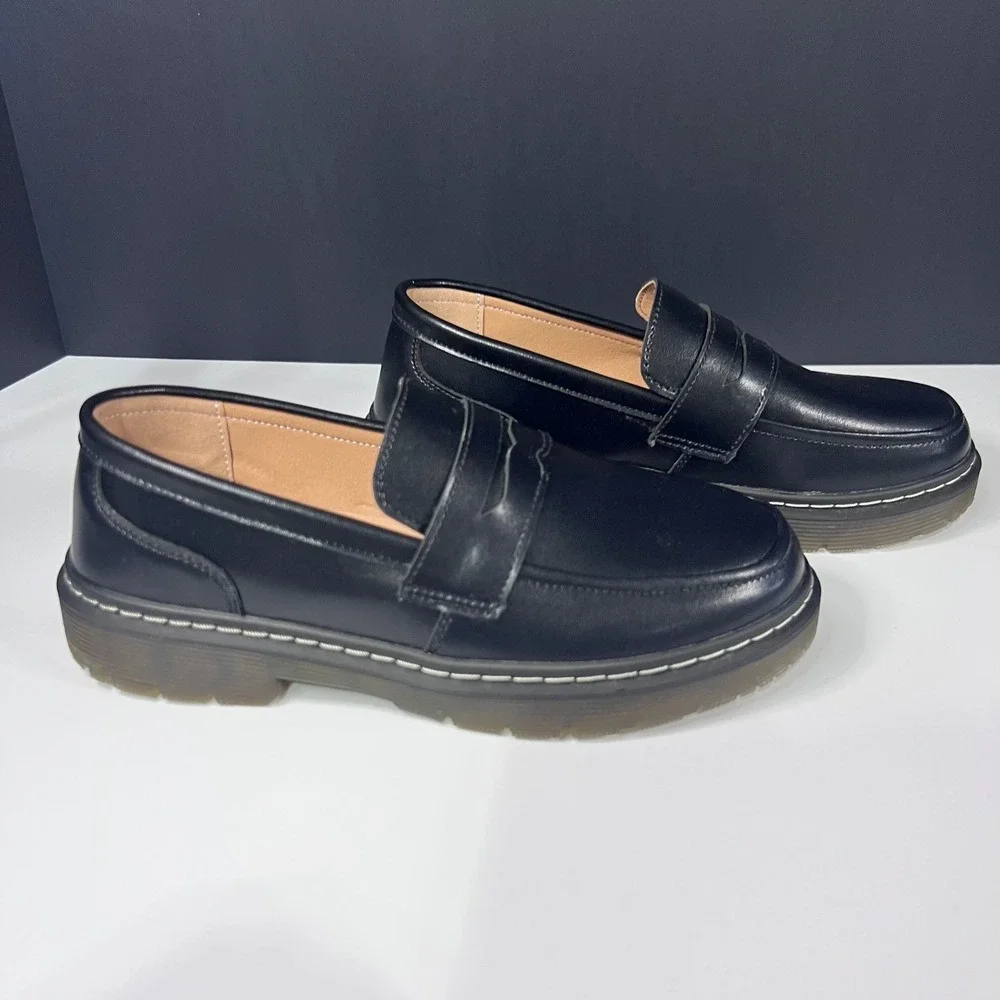 Black Penny Loafers Chunky Lug Sole Slip On Shoes Womens 8 US Preppy